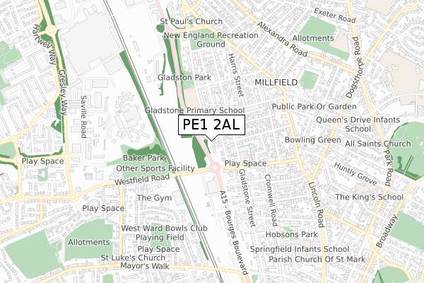 PE1 2AL map - small scale - OS Open Zoomstack (Ordnance Survey)