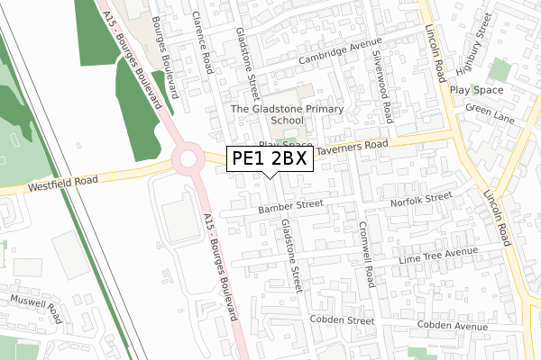 PE1 2BX map - large scale - OS Open Zoomstack (Ordnance Survey)