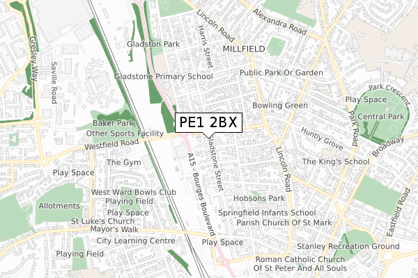 PE1 2BX map - small scale - OS Open Zoomstack (Ordnance Survey)