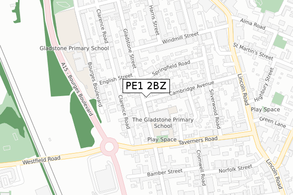 PE1 2BZ map - large scale - OS Open Zoomstack (Ordnance Survey)