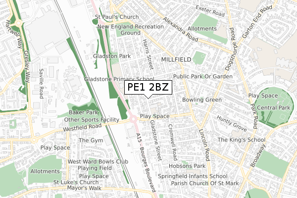 PE1 2BZ map - small scale - OS Open Zoomstack (Ordnance Survey)