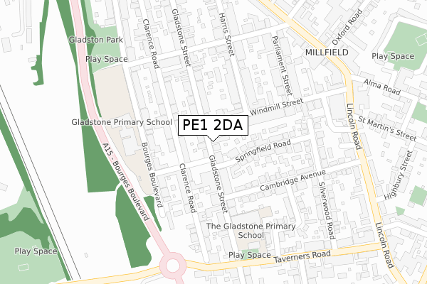 PE1 2DA map - large scale - OS Open Zoomstack (Ordnance Survey)