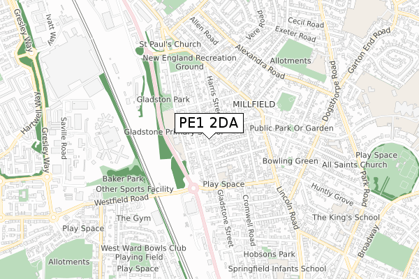 PE1 2DA map - small scale - OS Open Zoomstack (Ordnance Survey)