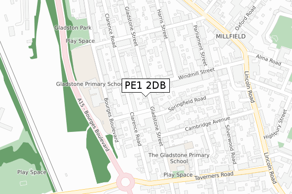 PE1 2DB map - large scale - OS Open Zoomstack (Ordnance Survey)