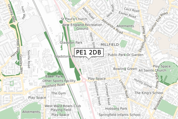 PE1 2DB map - small scale - OS Open Zoomstack (Ordnance Survey)