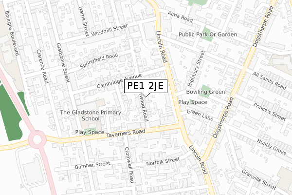 PE1 2JE map - large scale - OS Open Zoomstack (Ordnance Survey)