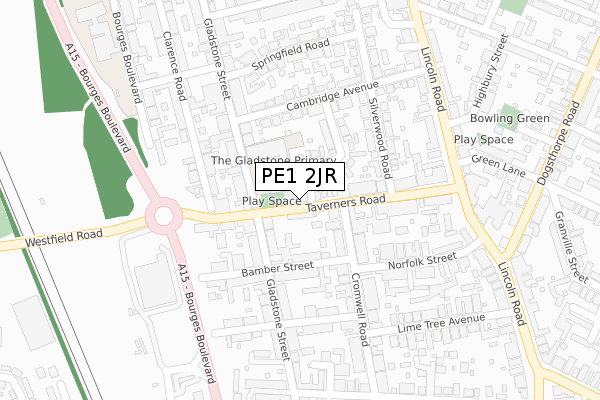 PE1 2JR map - large scale - OS Open Zoomstack (Ordnance Survey)