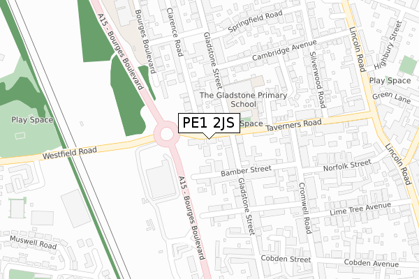 PE1 2JS map - large scale - OS Open Zoomstack (Ordnance Survey)