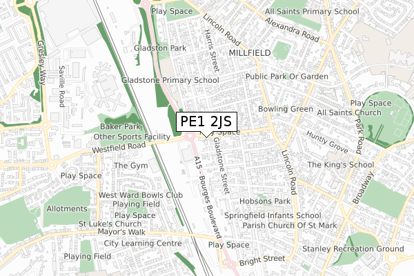 PE1 2JS map - small scale - OS Open Zoomstack (Ordnance Survey)