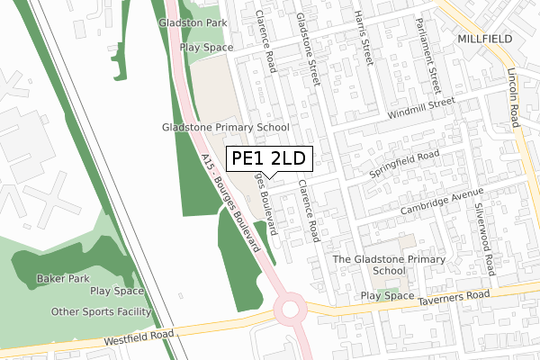 PE1 2LD map - large scale - OS Open Zoomstack (Ordnance Survey)