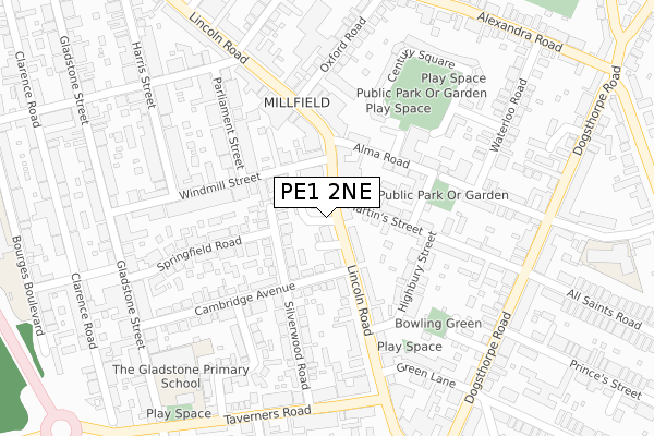 PE1 2NE map - large scale - OS Open Zoomstack (Ordnance Survey)