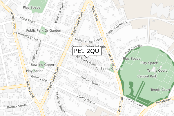 PE1 2QU map - large scale - OS Open Zoomstack (Ordnance Survey)