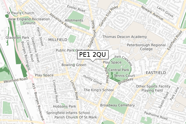 PE1 2QU map - small scale - OS Open Zoomstack (Ordnance Survey)