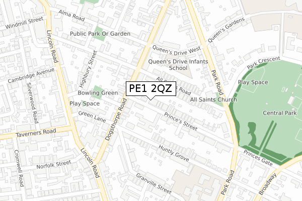 PE1 2QZ map - large scale - OS Open Zoomstack (Ordnance Survey)
