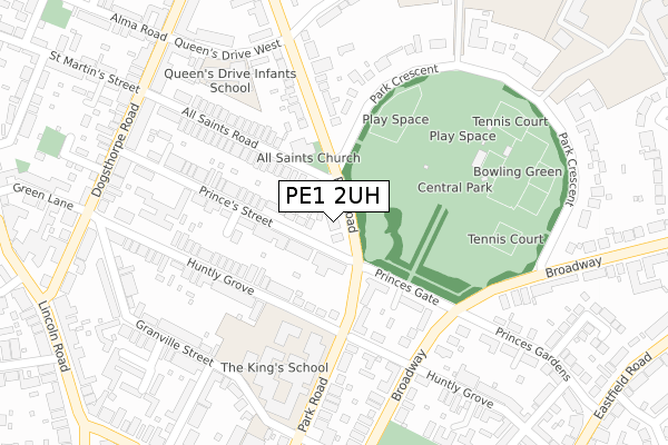 PE1 2UH map - large scale - OS Open Zoomstack (Ordnance Survey)