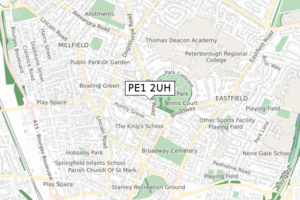 PE1 2UH map - small scale - OS Open Zoomstack (Ordnance Survey)