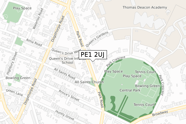 PE1 2UJ map - large scale - OS Open Zoomstack (Ordnance Survey)