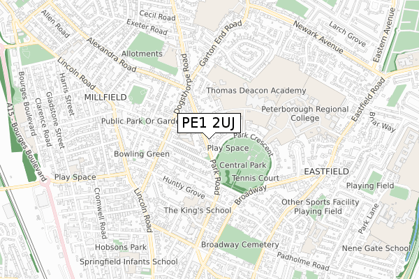PE1 2UJ map - small scale - OS Open Zoomstack (Ordnance Survey)