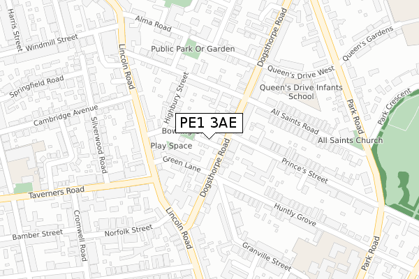 PE1 3AE map - large scale - OS Open Zoomstack (Ordnance Survey)