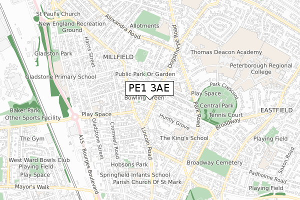PE1 3AE map - small scale - OS Open Zoomstack (Ordnance Survey)