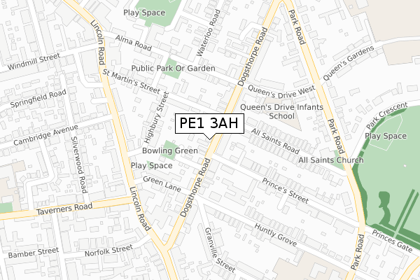 PE1 3AH map - large scale - OS Open Zoomstack (Ordnance Survey)
