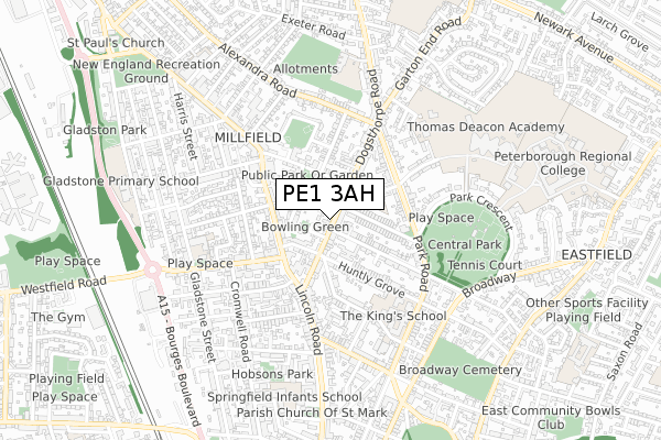 PE1 3AH map - small scale - OS Open Zoomstack (Ordnance Survey)