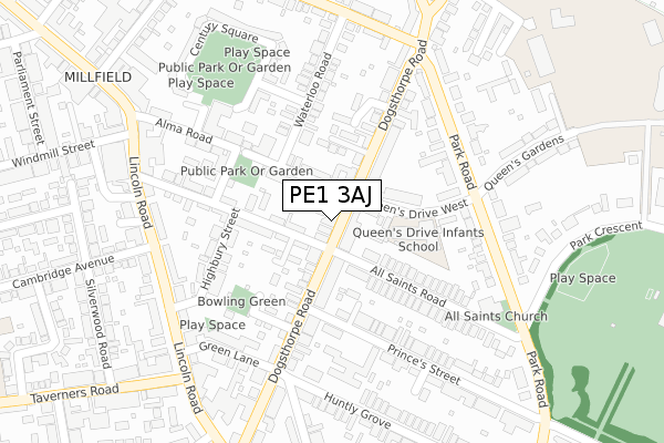 PE1 3AJ map - large scale - OS Open Zoomstack (Ordnance Survey)