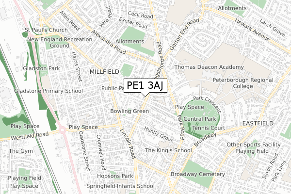 PE1 3AJ map - small scale - OS Open Zoomstack (Ordnance Survey)