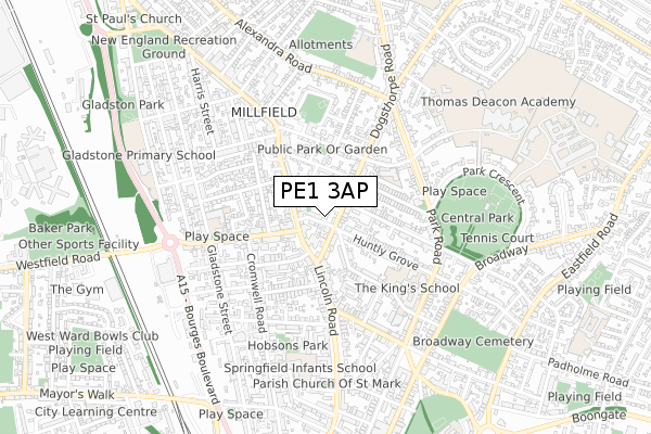 PE1 3AP map - small scale - OS Open Zoomstack (Ordnance Survey)