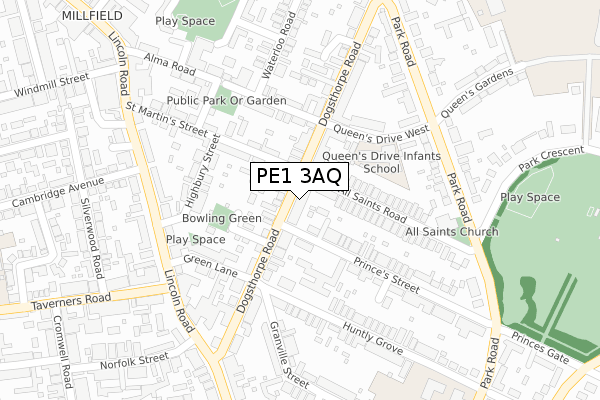 PE1 3AQ map - large scale - OS Open Zoomstack (Ordnance Survey)