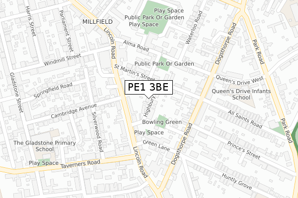 PE1 3BE map - large scale - OS Open Zoomstack (Ordnance Survey)