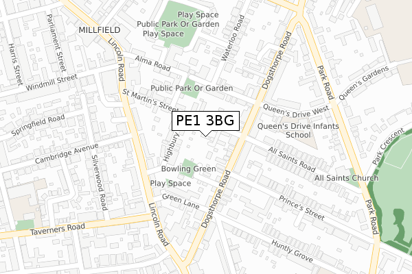 PE1 3BG map - large scale - OS Open Zoomstack (Ordnance Survey)