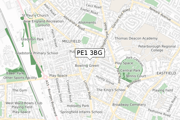 PE1 3BG map - small scale - OS Open Zoomstack (Ordnance Survey)