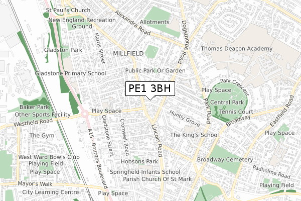 PE1 3BH map - small scale - OS Open Zoomstack (Ordnance Survey)