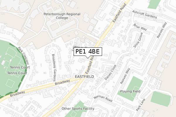 PE1 4BE map - large scale - OS Open Zoomstack (Ordnance Survey)