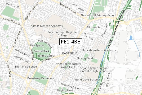 PE1 4BE map - small scale - OS Open Zoomstack (Ordnance Survey)