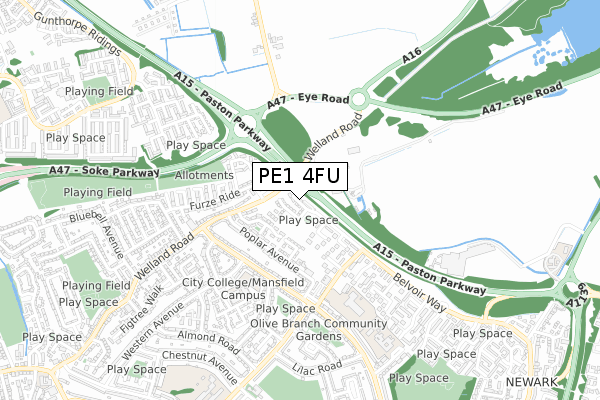 PE1 4FU map - small scale - OS Open Zoomstack (Ordnance Survey)