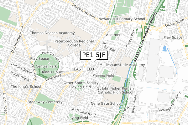 PE1 5JF map - small scale - OS Open Zoomstack (Ordnance Survey)