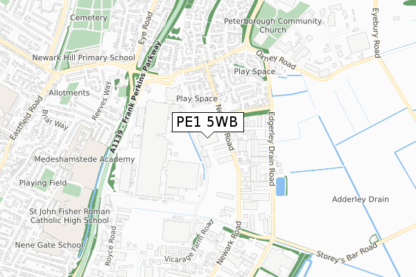 PE1 5WB map - small scale - OS Open Zoomstack (Ordnance Survey)