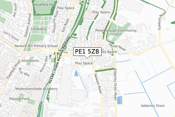PE1 5ZB map - small scale - OS Open Zoomstack (Ordnance Survey)