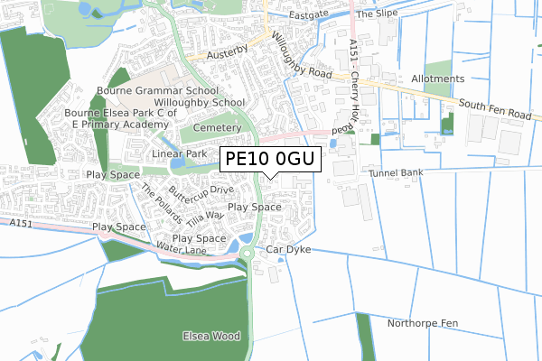 PE10 0GU map - small scale - OS Open Zoomstack (Ordnance Survey)