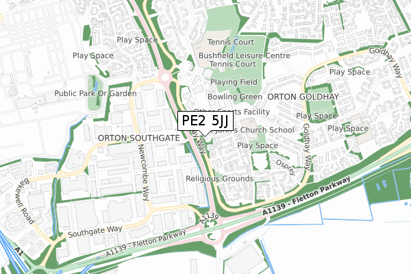 PE2 5JJ map - small scale - OS Open Zoomstack (Ordnance Survey)