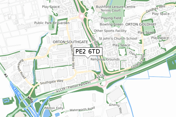 PE2 6TD map - small scale - OS Open Zoomstack (Ordnance Survey)