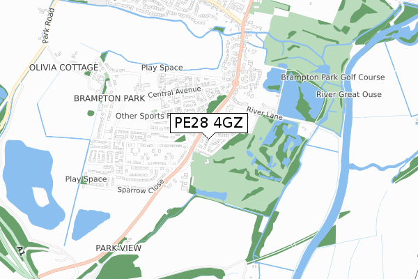 PE28 4GZ map - small scale - OS Open Zoomstack (Ordnance Survey)