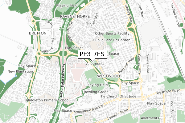 PE3 7ES map - small scale - OS Open Zoomstack (Ordnance Survey)