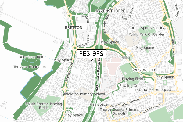 PE3 9FS map - small scale - OS Open Zoomstack (Ordnance Survey)