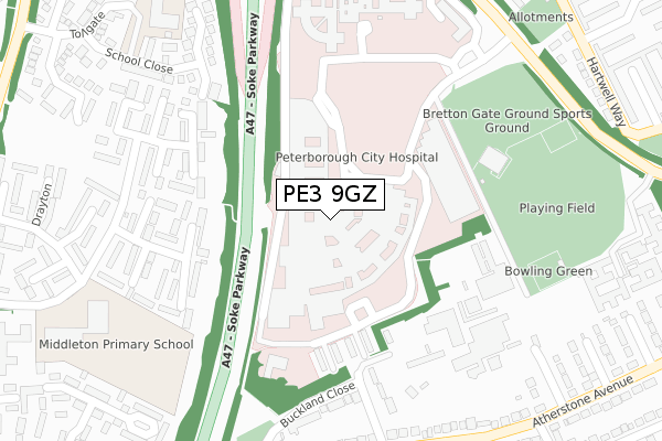 PE3 9GZ map - large scale - OS Open Zoomstack (Ordnance Survey)