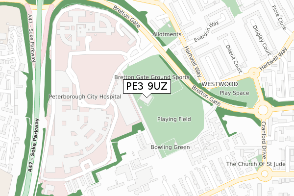 PE3 9UZ map - large scale - OS Open Zoomstack (Ordnance Survey)