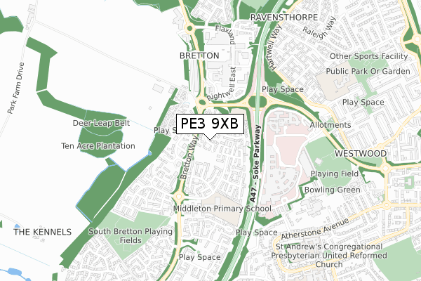 PE3 9XB map - small scale - OS Open Zoomstack (Ordnance Survey)