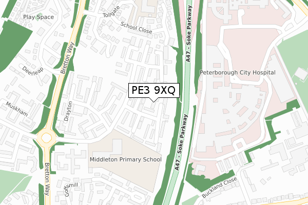 PE3 9XQ map - large scale - OS Open Zoomstack (Ordnance Survey)